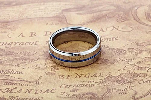 Vista 5 de Tusen Jewelry, anillo de boda con delgada línea azul chapado en carburo de tungsteno.