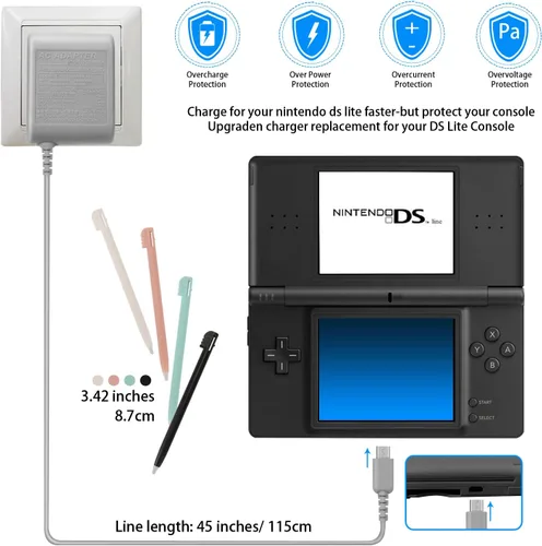 Vista 6 de DS Lite - Kit de cargador compatible con Nintendo DS Lite 100-240V adaptador de enchufe de pared con 4 lápices capacitivos para Nintendo DS Lite