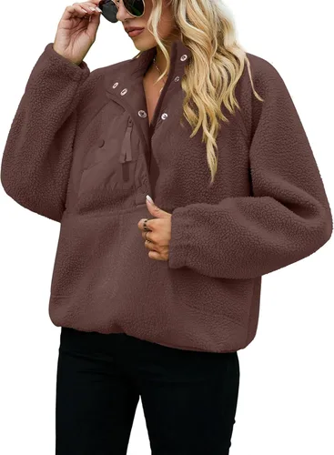 Vista 4 de Nirovien Chaqueta de forro polar para mujer, de manga larga, con botones, mullida, cálida, con bolsillos