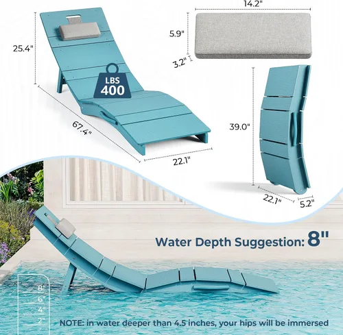 Vista 2 de Juego de 4 sillas de piscina para exteriores, resistentes a la intemperie, sillas de bronceado plegables con reposacabezas, soporta hasta 400 Azul