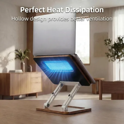 Vista 3 de Soporte ergonómico de madera para portátil con ranura para bolígrafo, altura y ángulo ajustables, refrigeración hueca, plegable para uso
