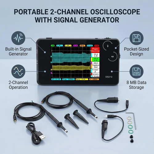 Vista 3 de DS212 Mini osciloscopio portátil de almacenamiento digital Osciloscopio de bolsillo Osciloscopio de 2 canales con interfaz USB para reparación