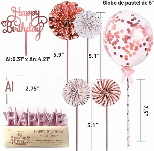 Vista 2 de Decoración de pastel de oro rosa con velas de feliz cumpleaños, decoración de pastel de cumpleaños acrílico, globo de confeti y abanicos de papel