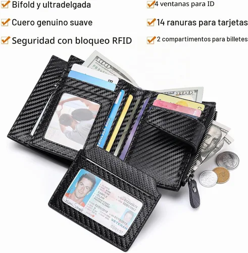 Vista 3 de FALAN MULE Cartera de cuero genuino con bloqueo RFID para hombre con cremallera bolsillo para monedas, ventana de identificación ABA-negro