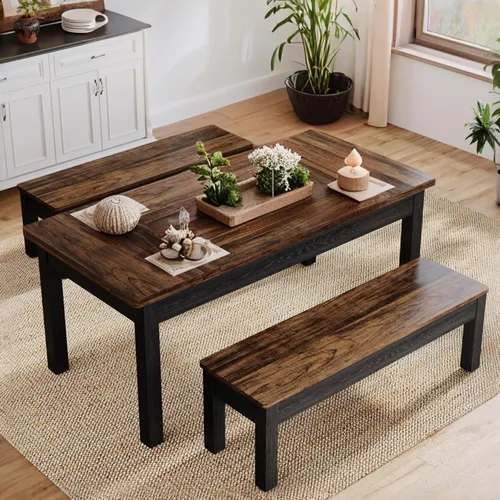 Vista 8 de Tribesigns Juego de Mesa de Cocina de Granja para 4-6, Mesa de Comedor de Madera de 55 Pulgadas con 2 Bancos, Juego de Comedor de 3 Piezas