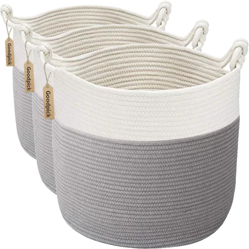 Vista 12 de Goodpick - Cesta tejida de yute para mantas, organización de ropa, cuerda de algodón, 40L Soft Blanket & Laundry Basket with Handles, Baby Toy
