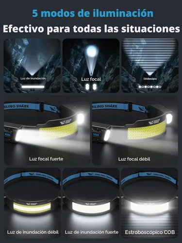 Vista 3 de Smiling Shark Linterna frontal TS-4, foco doble con luz de inundación 4X y linterna de cabeza LED estroboscópica recargable 2400mAh de larga