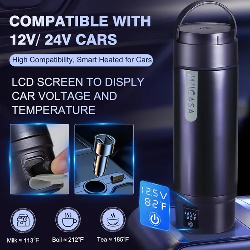 Vista 3 de Hervidor Eléctrico para Automóvil con Aislamiento al Vacío, Vaso Térmico de Acero Inoxidable Miicasa Calentador de Agua para Automóvil, Hervidor