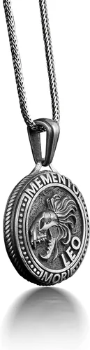 Vista 2 de Collar de moneda Leo Memento Mori en plata de ley, collar de moneda del zodiaco en gótico, collar de calavera de león para marido, collar