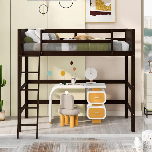 Vista 3 de Harper & Bright Designs Twin Size Loft Bed with Guardrail and Ladder,Wooden Loft Bed Frame with Slat Support,Espresso