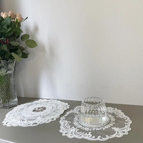 Vista 6 de 4 manteles individuales de encaje retro, manteles bordados, manteles de mesa, manteles de ganchillo francés, blanco (bonquet en círculo)