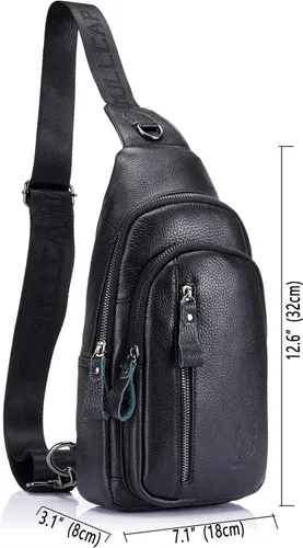 Vista 5 de BULLCAPTAIN Mochila bandolera de cuero genuino para hombre, mochila cruzada para viajes al aire libre, casual, mochila, Blcak
