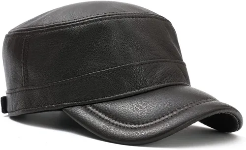 Vista 9 de Hombres Lambskin Leather Cadet Army Caps Military Caps Flat Top Cap