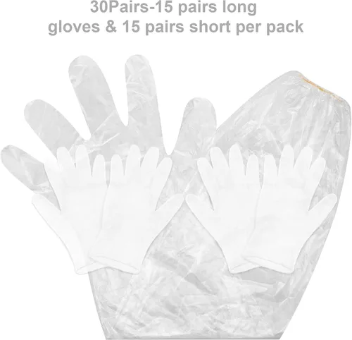 Vista 3 de Honeydak 30 pares de guantes desechables de PVC para caza de ciervos, guantes de limpieza con manoplas largas y cortas Claro