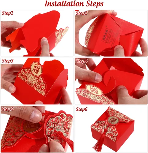 Vista 2 de Abaodam Cajas de dulces de boda chinas, 80 cajas de regalo chinas con borla para invitados, bolsa creativa de decoración de mesa para compromiso
