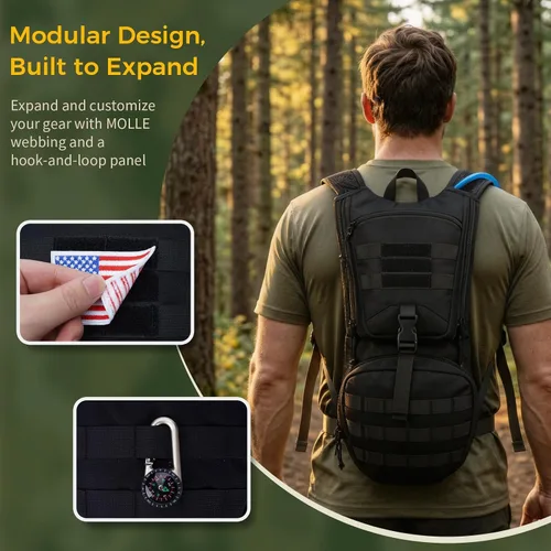 Vista 2 de Blue Quartz Hydration Backpack with 3L Water Bladder, Lightweight Hiking Backpack with Phone Pocket, Tactical Molle Water Backpack for Running Negro