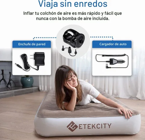 Vista 4 de Etekcity Colchón de aire mejorado de tamaño individual para campamento, cama inflable, colchón inflable elevado con bomba recargable para invitados