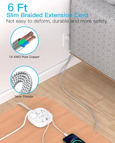 Vista 5 de Regleta de corriente con enchufe plano, cable de extensión ultraplano de 6 pies - 3 salidas 4 puertos USB (2 USB C) 22.5W/4.5A estación de carga