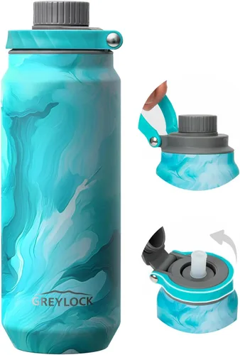 Vista 21 de Greylock Botella de agua aislada de 20 onzas con tapa con pajilla, botellas de agua deportivas reutilizables de acero inoxidable con asa plegable, a