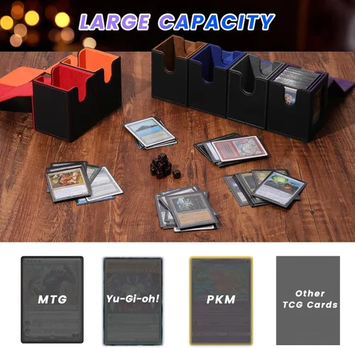 Vista 6 de MTG Caja de Mazo para Commander Display, Estuche de Mazo de Cartas que Cabe 100 Cartas con Doble Funda, Caja de Almacenamiento de Cuero Magic Negro