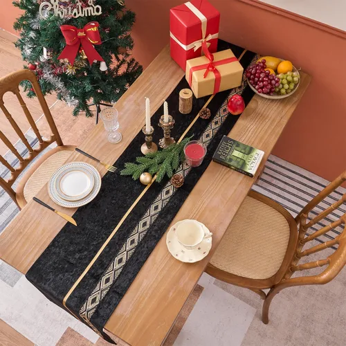 Vista 5 de Camino de mesa, lujo de lentejuelas de terciopelo con tira de plumas doradas con purpurina, cocina de temporada, comedor, decoración del hogar