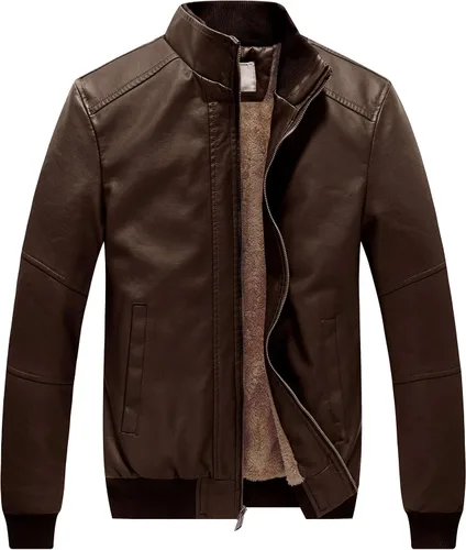 Vista 13 de WenVen Chaqueta de piel sintética con cuello alto y forro polar para hombre