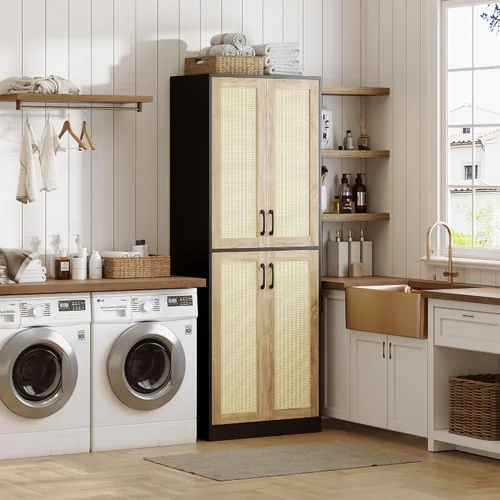 Vista 7 de JASIWAY Armario de despensa de cocina, armario de almacenamiento de ratán de 67 pulgadas de alto con puertas y estantes ajustables, armario