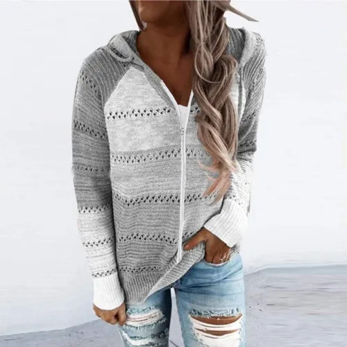 Vista 3 de Sudaderas de gran tamaño con cremallera para mujer, con cordón, sudaderas con capucha y bolsillo para primavera y otoño