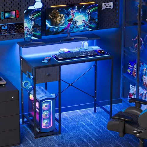 Vista 9 de X-cosrack Escritorio pequeño para juegos de 33.5 pulgadas con luces LED y soporte largo para monitor, escritorio compacto para computadora con tomas