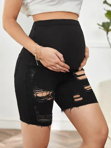 Vista 4 de Floerns Pantalones cortos de mezclilla de maternidad para mujer con dobladillo enrollado
