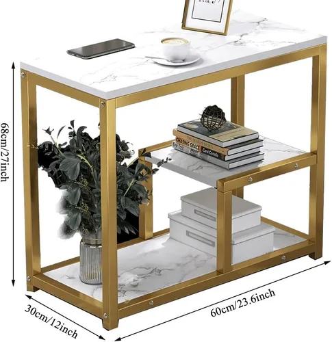 Vista 3 de Mesa de consola moderna para sofá con estantes, mesa de entrada, mesa auxiliar para espacios pequeños con marco de metal, mesa de almacenamiento
