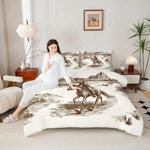 Vista 4 de Juego de edredón de vaquero individual, ropa de cama occidental para niños y hombres, ilustración dibujada a mano de caballo americano salvaje