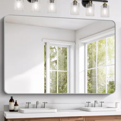 Vista 23 de FORBATH - Espejo de baño negro para sobre lavabo, espejo de pared de 16x24 pulgadas con marco de metal, esquinas redondeadas para baño, dormitorio