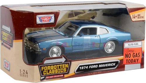 Vista 7 de 1974 Maverick 1:24 Modelo de réplica fundida a presión por Motormax Forgotten Classics Series 79042 (azul)