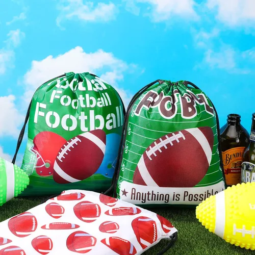 Vista 6 de Woanger 16 bolsas de fiesta de fútbol, 8 estilos con cordón, bolsas de regalo de fútbol con estampado de tela, dulces, aperitivos, mochilas
