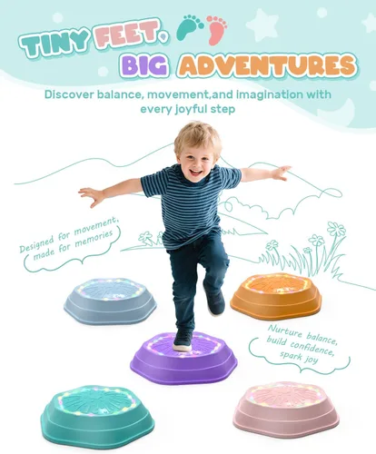 Vista 5 de Holyton Piedras iluminadas para niños, paquete de 5 juguetes de equilibrio sensorial musical con baterías recargables, piedras antideslizantes