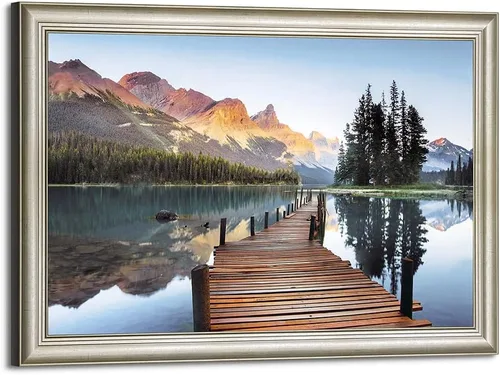 Vista 8 de Arte de Pared en Lienzo de Paisaje de Lago: Pintura Moderna Relajante del Horizonte al Atardecer, Impresión Simple y Natural de Barco y Juncos