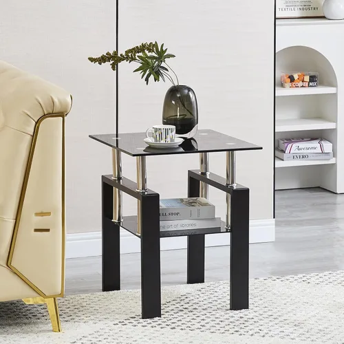 Vista 4 de Mesa auxiliar de cristal moderna para sofá, mesa de centro pequeña negra, mesa de sala de estar, mesita de noche cuadrada, patas de metal de vidrio