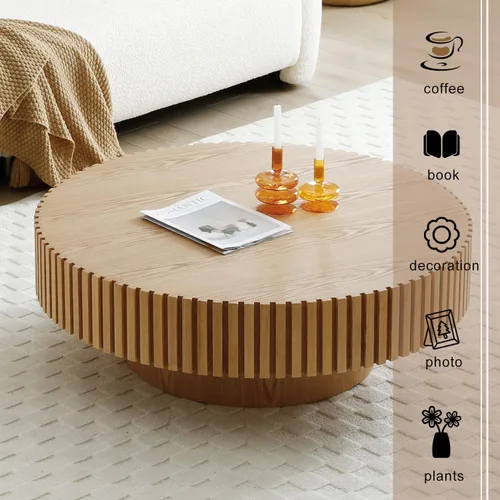 Vista 5 de Mesa de centro redonda acanalada de 31.49 pulgadas para sala de estar, mesa de café moderna de mediados de siglo con pedestal resistente, mesa