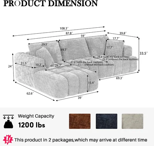 Vista 3 de Camillas deshuesadas de 108.3 pulgadas para sala de estar, sofá modular de nube con diván de gran tamaño, sofá deshuesado en forma de L con asiento