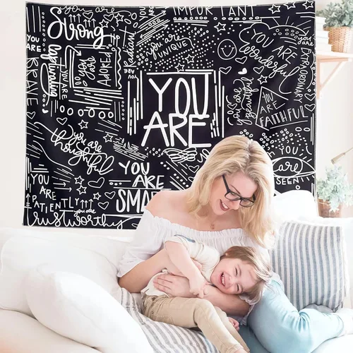 Vista 3 de KJHL Quote You Are - Tapiz de pared en blanco y negro inspiracional para aula, tapices infantiles para colgar en la pared, afirmaciones