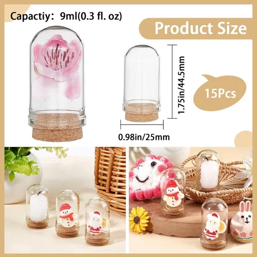 Vista 2 de CRASPIRE 15 piezas de cúpula de cristal con base de corcho de 1.75 pulgadas, mini exhibición, frasco, cubierta de soporte, funda decorativa