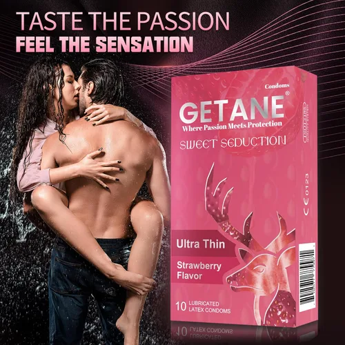 Vista 3 de Preservativos lubricados con sabor a fresa, cómodos e intensificados lubricantes para hombres, látex natural premium, paquete de 10