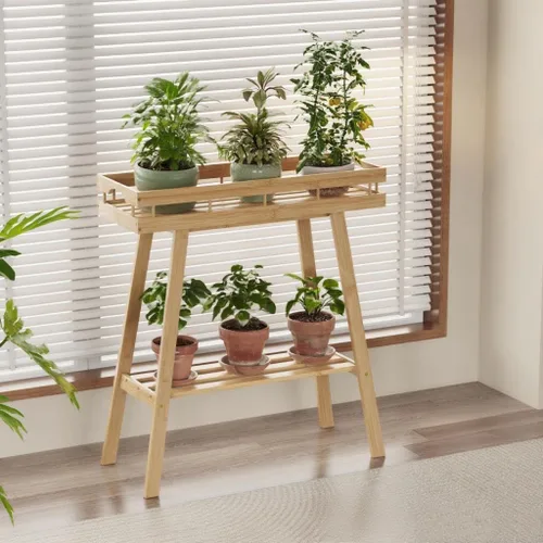 Vista 7 de BAMBANG Soporte de bambú para plantas de interior, mesa pequeña de 2 niveles, soporte alto para plantas de interior, estante para plantas