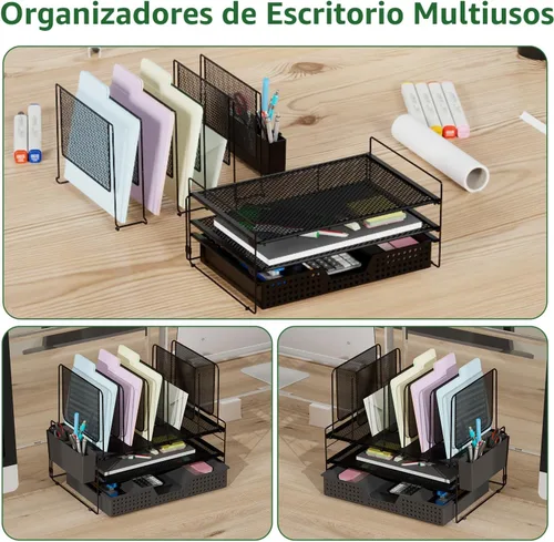 Vista 6 de LEKETREE Organizador de escritorio, organización de oficina con soporte de archivos vertical, organizador de archivos con cajón y soporte