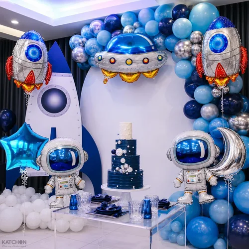 Vista 4 de Katchon, Juego de decoraciones de cumpleaños de gran espacio, 37 pulgadas, paquete de 7, globos de cohete, globos de astronauta para decoraciones