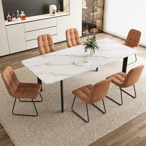 Vista 23 de HIPIHOM Mesa de comedor extensible para 6-8 personas, mesa rectangular de 63 a 78.7 pulgadas, MDF blanco con patas de metal resistentes, ahorro