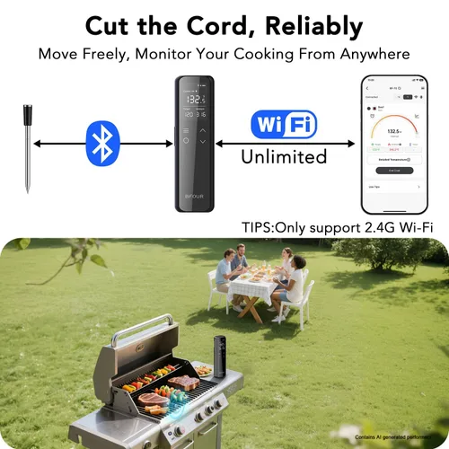 Vista 2 de Termómetro inalámbrico para carne Bluetooth con base digital independiente, rango ilimitado WiFi, sensor de precisión 6, impermeable IP67