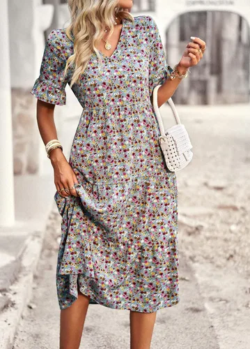 Vista 3 de Vaiaye Vestido bohemio floral de manga corta para mujer, vestido de verano casual, cuello en V, acampanado, bohemio, maxi vestidos
