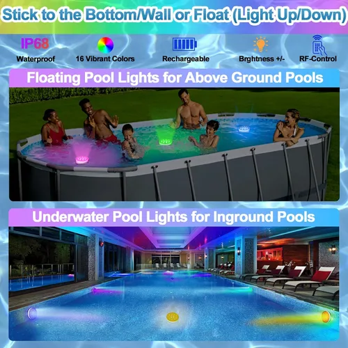 Vista 3 de Luces de piscina para piscina sobre el suelo, luces LED sumergibles recargables subacuáticas con control remoto, IP68 impermeable, luz de piscina